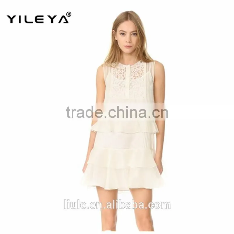 Latest Summer chiffon casual short dress with the floral lace and ruffled tiers sleevelesss elegant dress