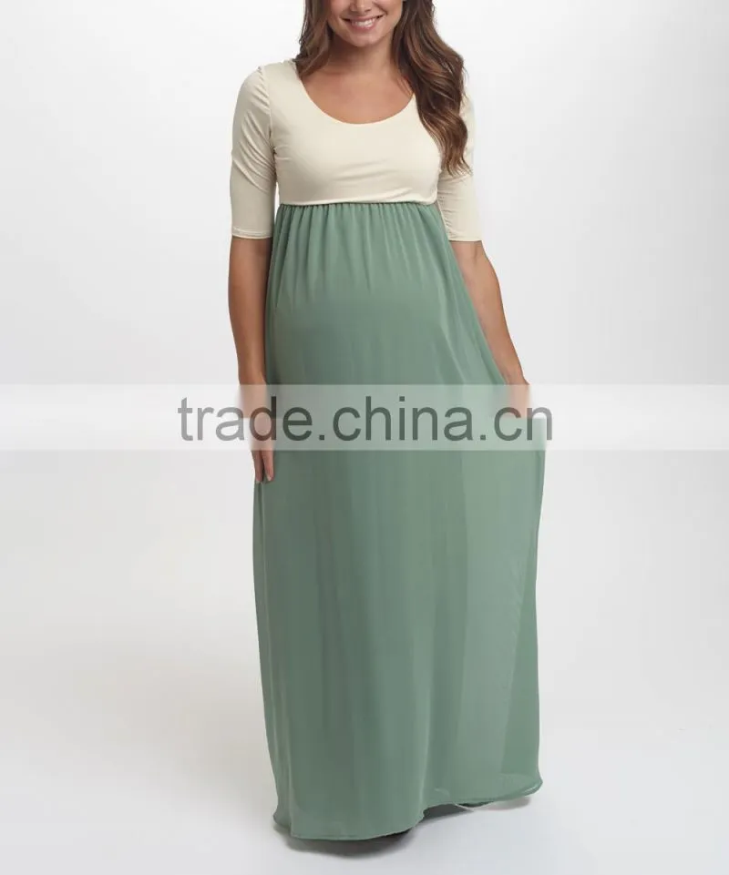 New Arrivals Maternity Dresses With Sage And Ivory Color Block Maternity Scoop Neck Maxi Dress Women Wear WD80817-1