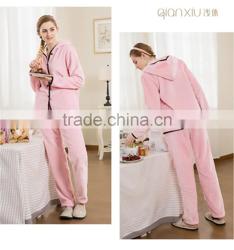 Perfect Qianxiu Cheap Hooded Design Pink Sexy Flannel Ladies Winter Nighty