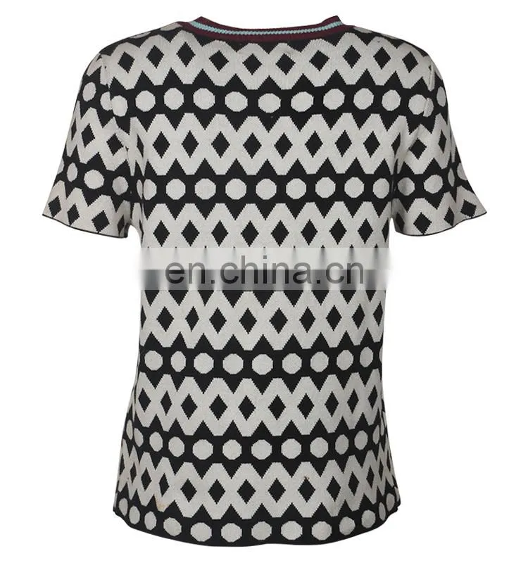 Acrylic Flat knitted sweater for women as stripe collar short sleeve polka dot T-shirt of latest design girls top