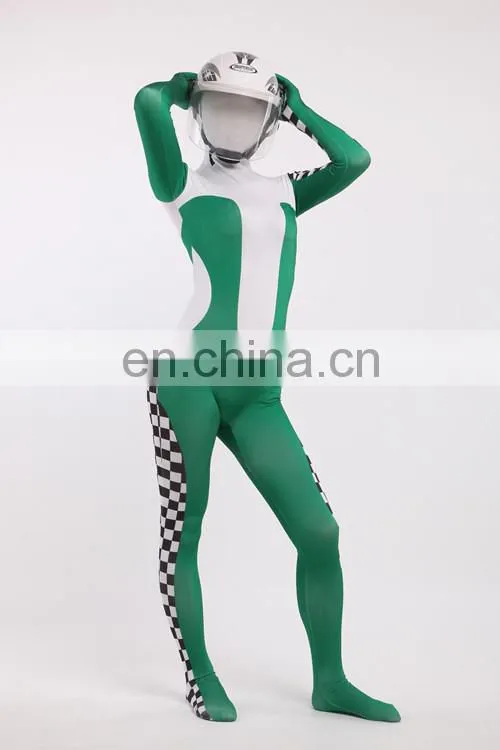 Green & White Racing Car Driver Full Body Spandex Cosplay Costume Zentai Suit