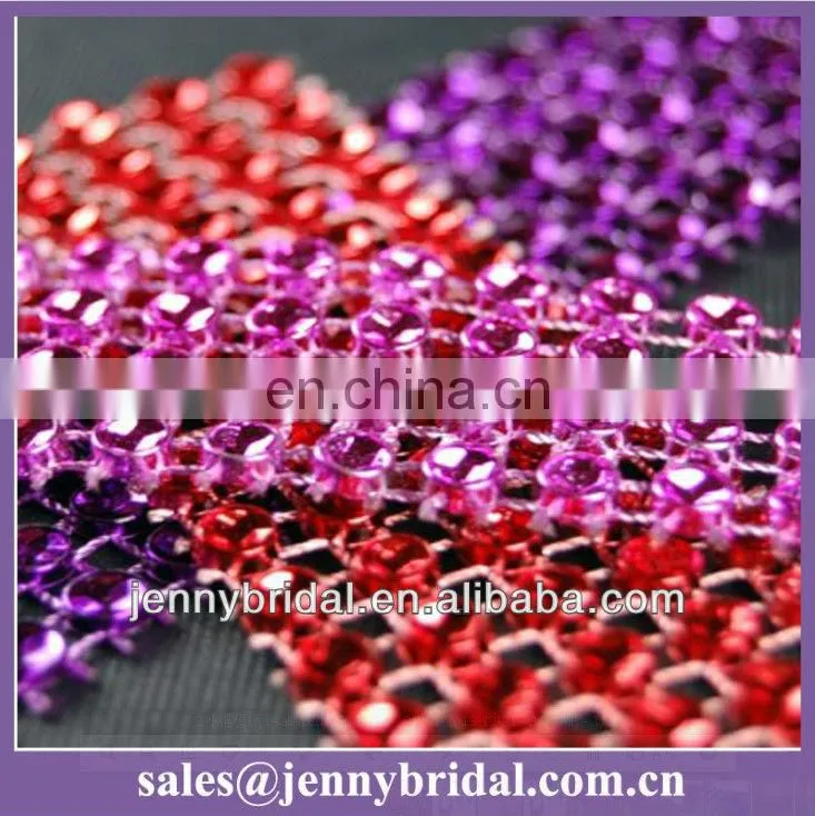 WR002A wedding table skirt decoration, mesh purple and red rhinestone ribbon wrap