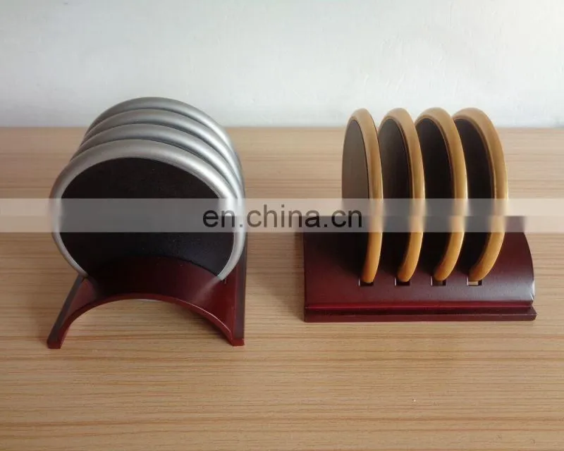 zinc alloy metal base coaster metal embossed logo center coaster leather around the coaster