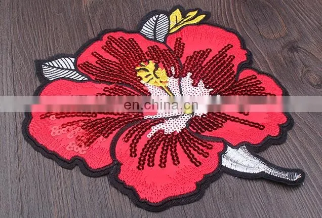 Wholesale Fashion Cheap Embroidery Red Peony Flower with Sequins Iron on Applique Patch