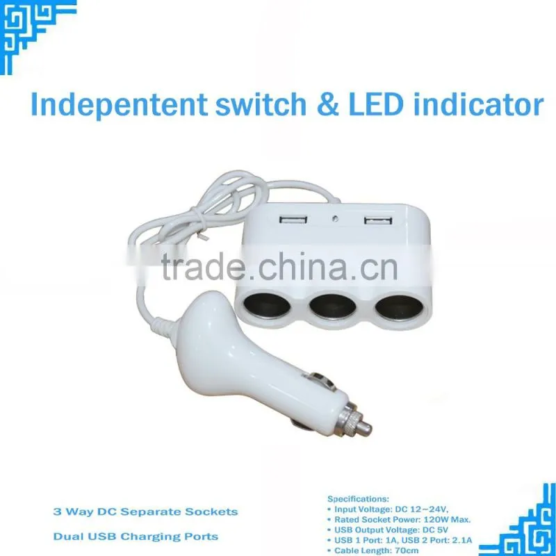 Rapid 3 Ways Car Cigarette Lighter Socket Cigarette Car Charger With Additional 2 USB Output