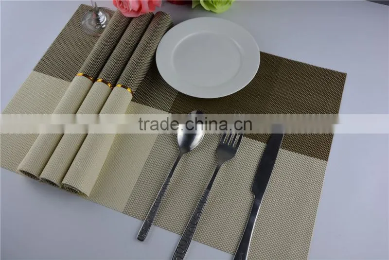 2015 New Arrival Gold Color Home Kitchen Dining Placemat Fashion Adiabatic PVC Strip Weave Table Mat