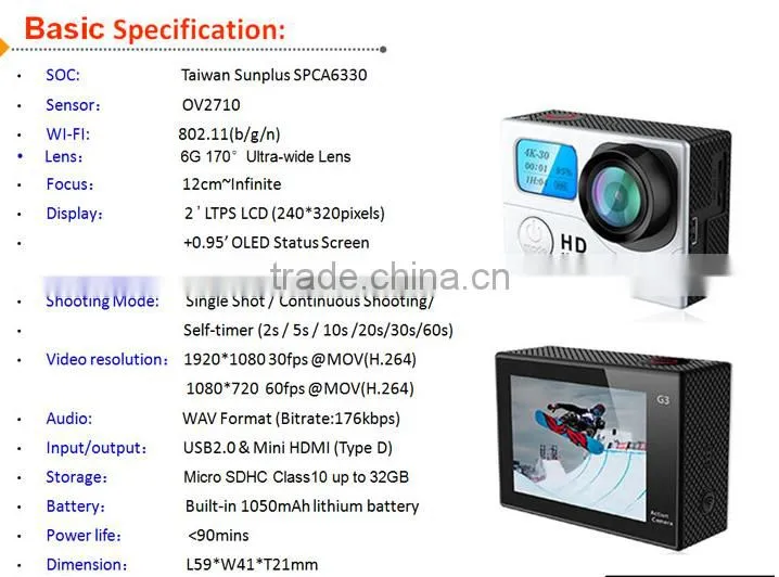 Dual Screens Wifi Action Camera 1080P FHD Sport DV DVR G3 Waterproof 30M 170 Wide Angle 12MP For Extreme Sports