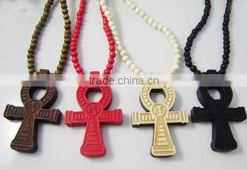 Wooden Cross Pendant with a 36 Inch Wood Beaded Necklace Chain