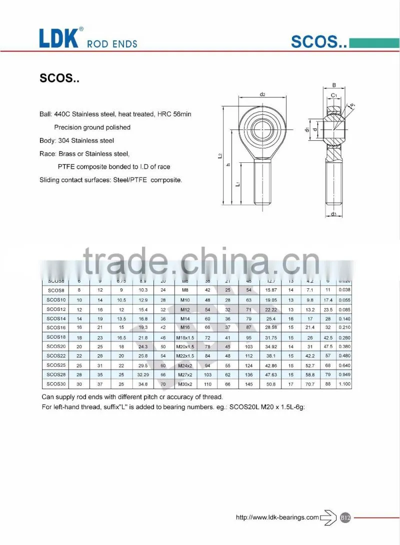SCOS stainless steel self-lubricated metric joint rod end bearing
