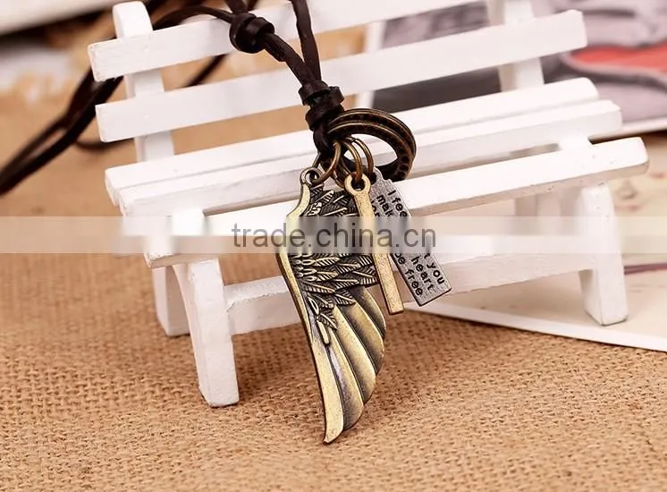 cross wing make adjustable cord leather lariat necklace