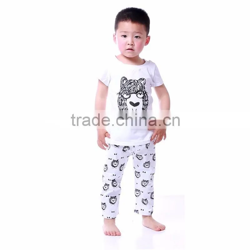 2016 boutique oem animal design white plain tee shirt pant together fancy kids clothing outfits boy