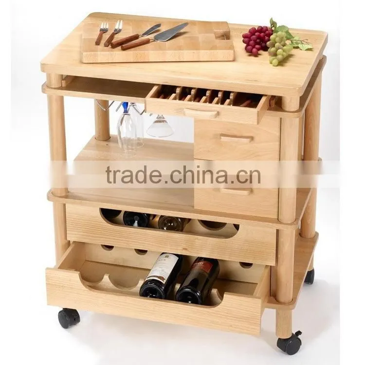 Bamboo Kitchen Serving Trolley Service Cart with Food Keeping Drawers and Casters Wheels for Sale