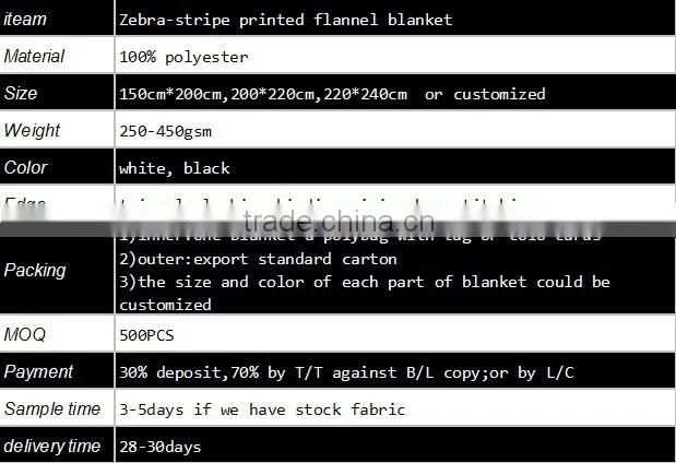 Fashionable Zebra-stripe printed warm Flannel Blanket