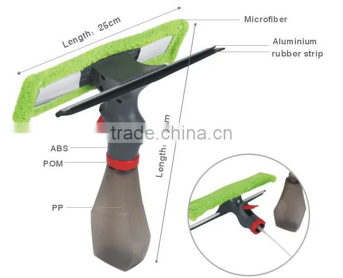 Spray window brush window cleaner with microfiber and rubber wiper strip