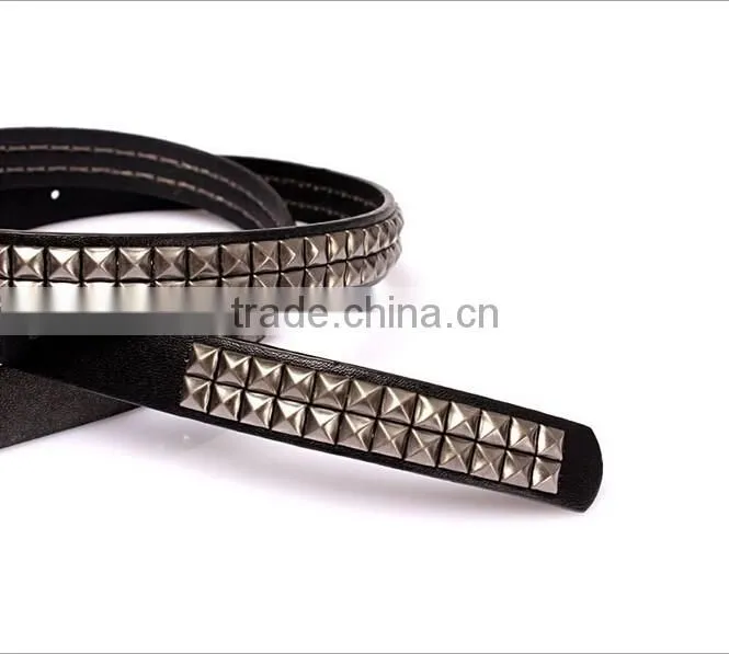 Wholesale double layer pyraid rivets decorated D buckle sex girl thin PU waist belt