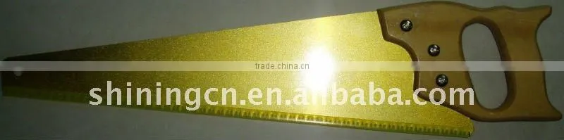 golden teflon coated hand saw with wood handle