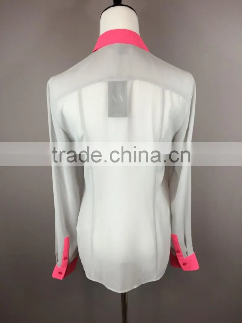 Latest Womens Gray/Pink Chiffon Button-Down Dress Shirt OL Career Blouse