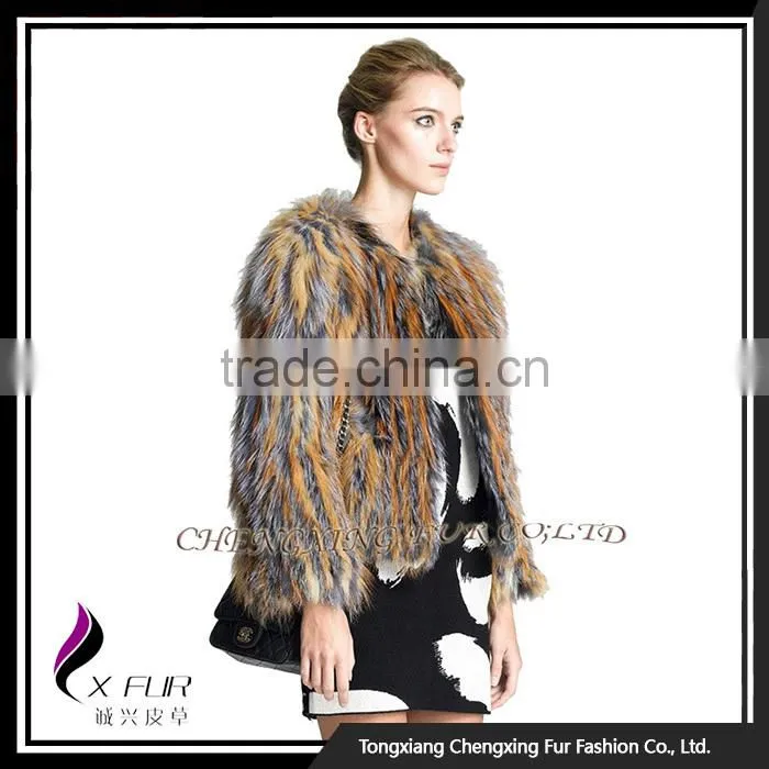 CX-G-A-128 Women Elegant Genuine Knitted Real Fox Fur Coat
