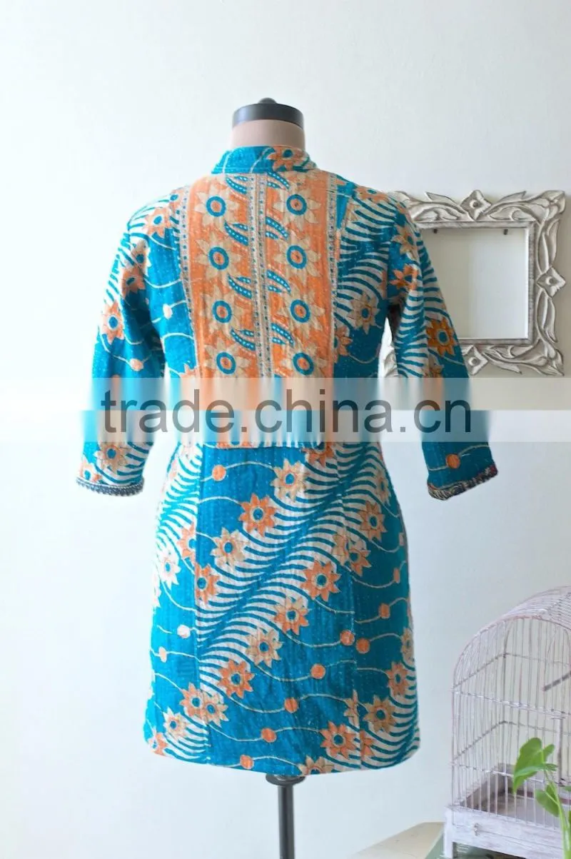 Vintage Kantha Long Accent Jacket in Turquoise & Orange ~ Medium
