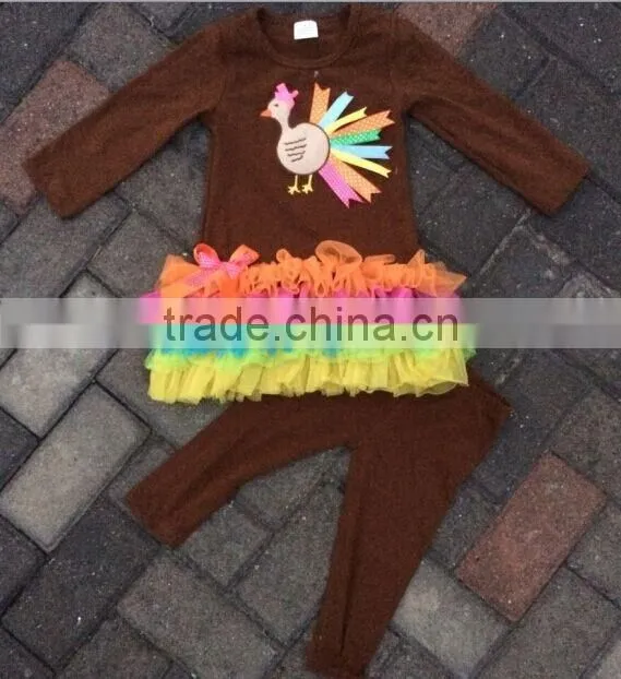 FREE DHL 2014 new girls thanks giving turkey dress pant set with matching necklace,6inch hair bow set
