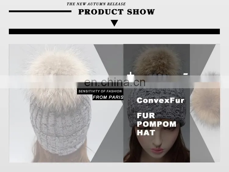 Winter lady knit beanie hat with real raccoon fur ball