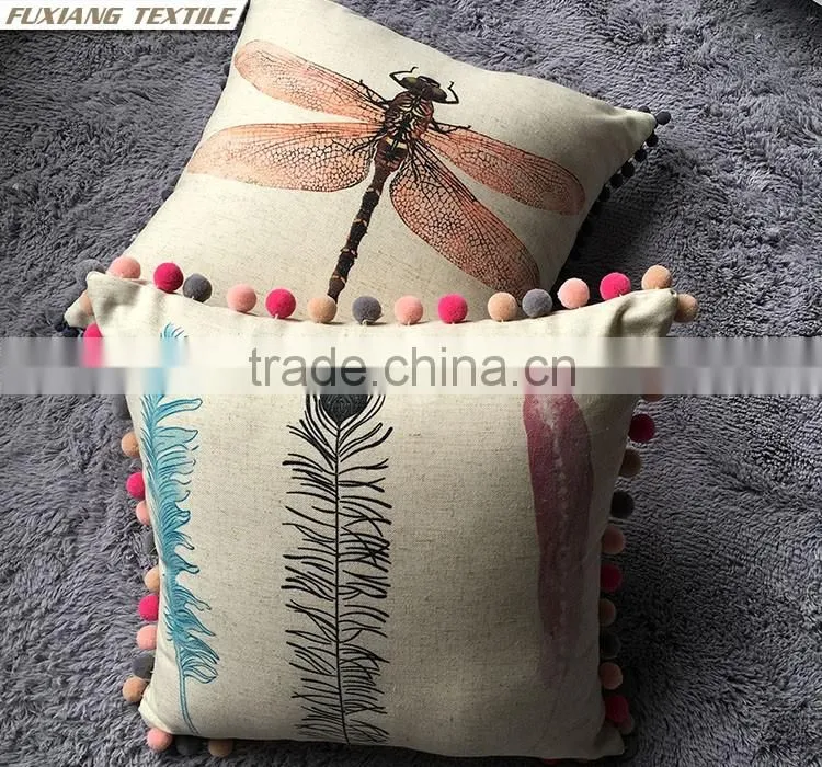 leaf printed pillow with pomp around 4 side
