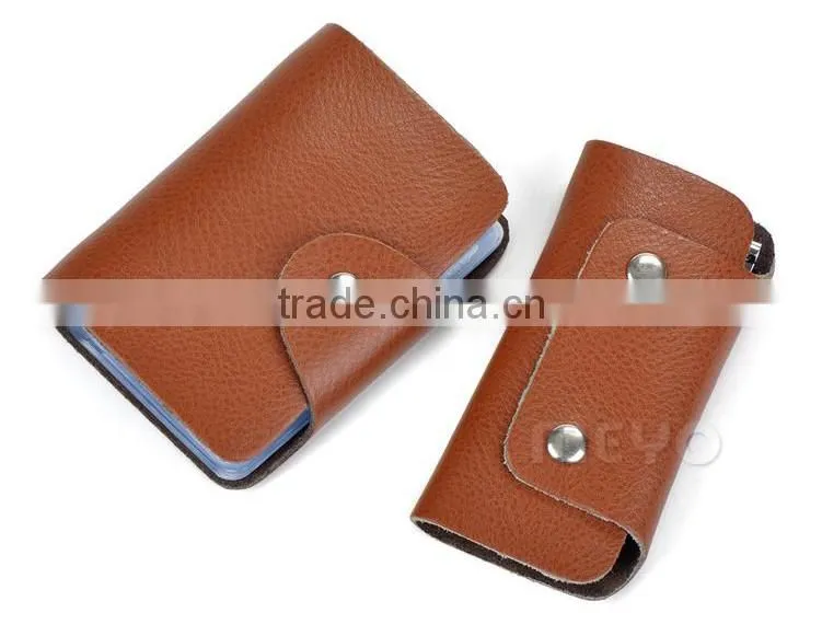 Cheap split soft leather card organizer bag with keychain holder