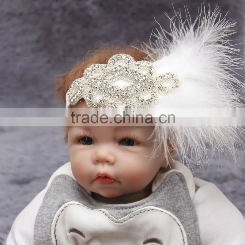Newborn Baby Kids Pearl Diamond feather Headband Photo Props crystal Hair Band wh-1770