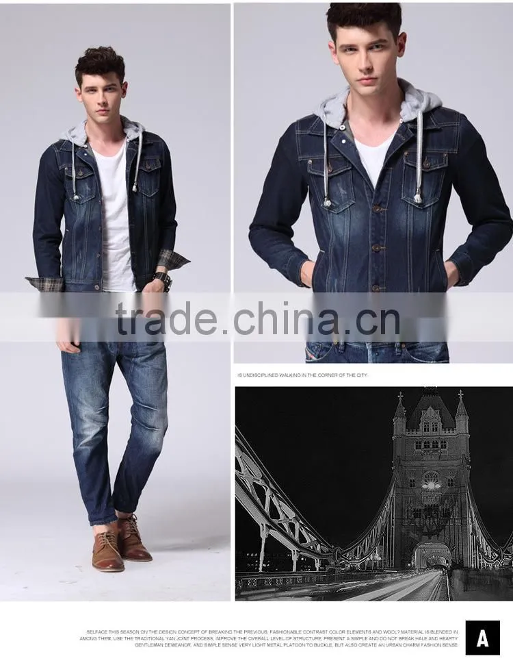 Denim jacket shop fashion plain zipper men's denim jacket with fleece hoody