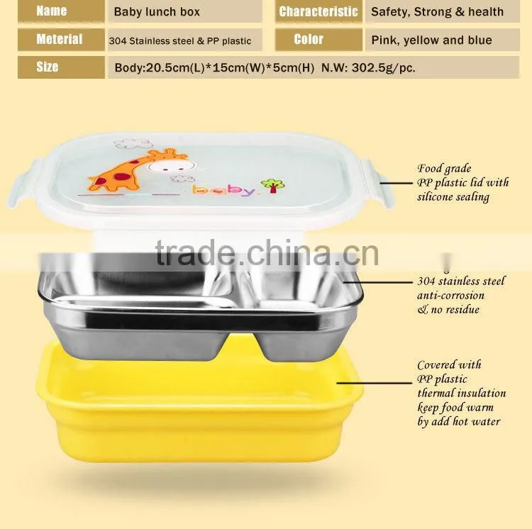 stainless steel bento lunch box containers with 3 compartments for children made in china