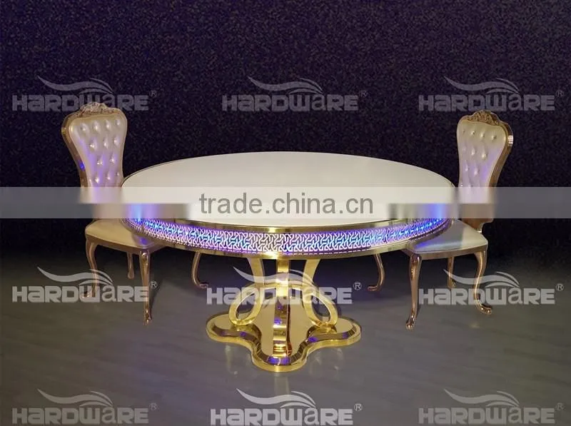 mdf hotel gold hotel dining table golden base stainless steel led table