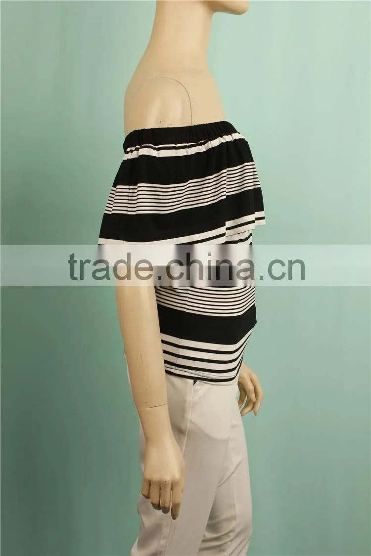 2016 S/S off shoulder summer knit stripe women blouse designs