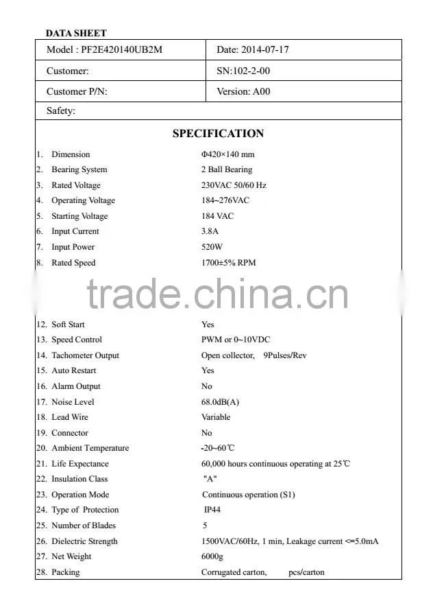 New Product ! PSC 230v ec motor fan 420*140mm With CE & UL Since 1993