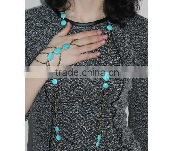Trendy Boho Finger Ring Turquoise Harness Slave Chain Hand Bracelet