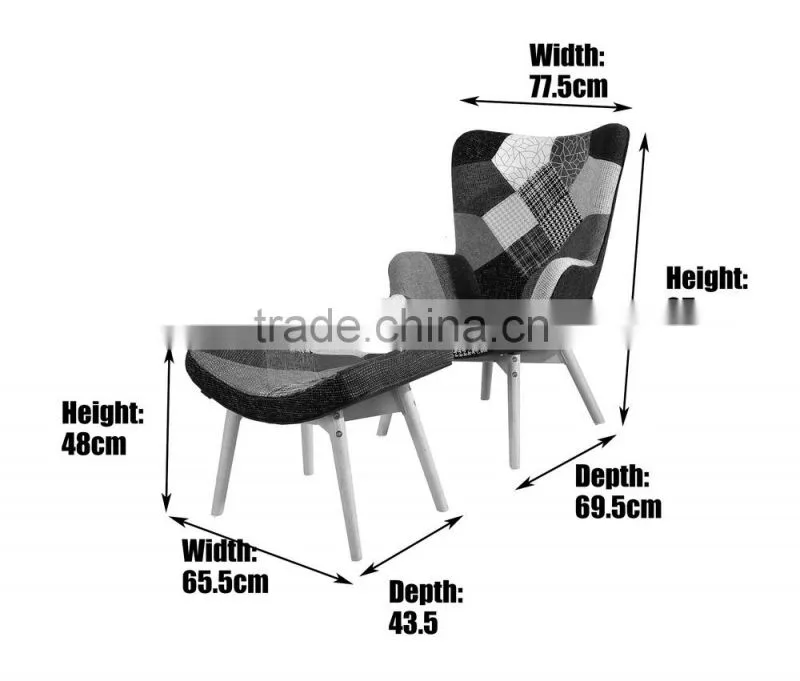 Patchwork fabric design arm lounge chair with footrest