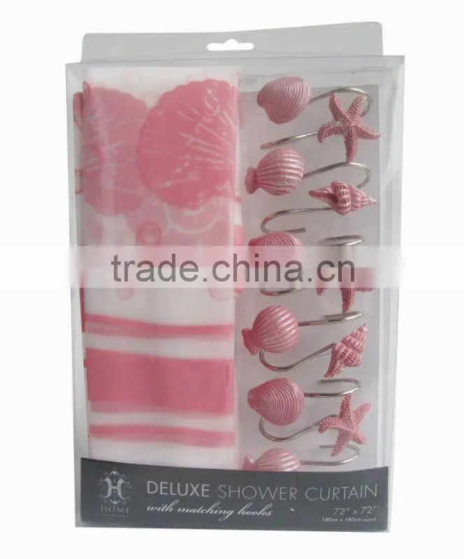 sea and fishes,hot selling 1pc peva shower curtain matching with 12pcs decorative resin bath shower curtain hooks