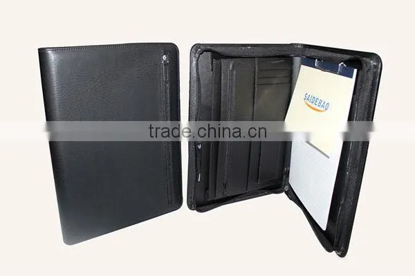 wholesale business leather portfolio with zipper and calculator and notepad