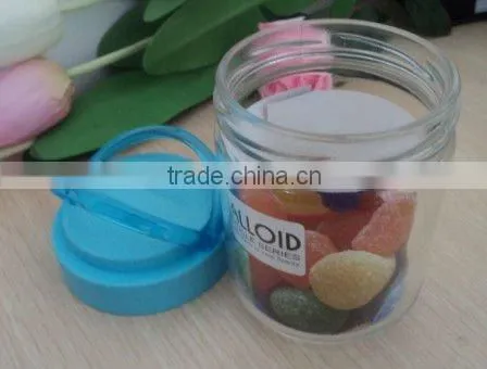 glass jars with plastic lid wholesale, custom made glass jars with colorful cover for children,made in China