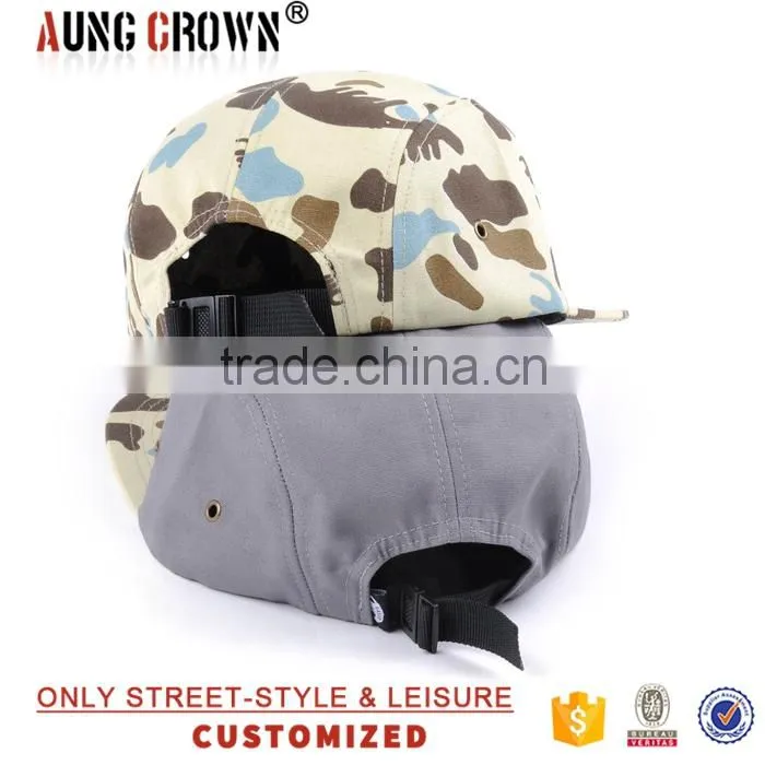 Flat brim 5 panel woven label custom fabric 5 panel camp cap