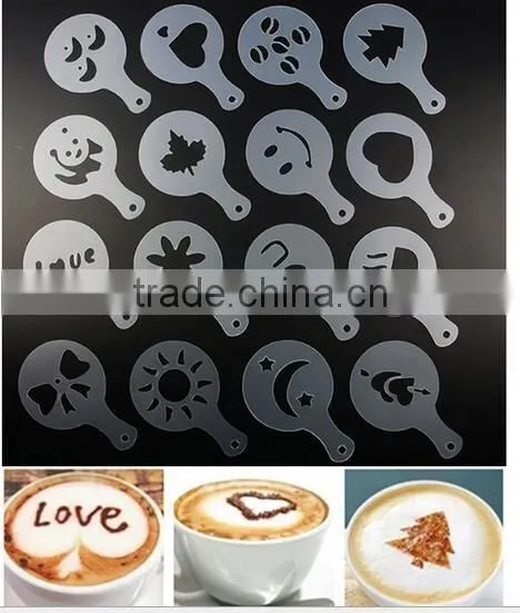 CY183 16Pcs/set Mold Coffee Milk Cake Cupcake Stencil Template Coffee Barista Cappuccino Template Strew Pad Duster Spray Tools