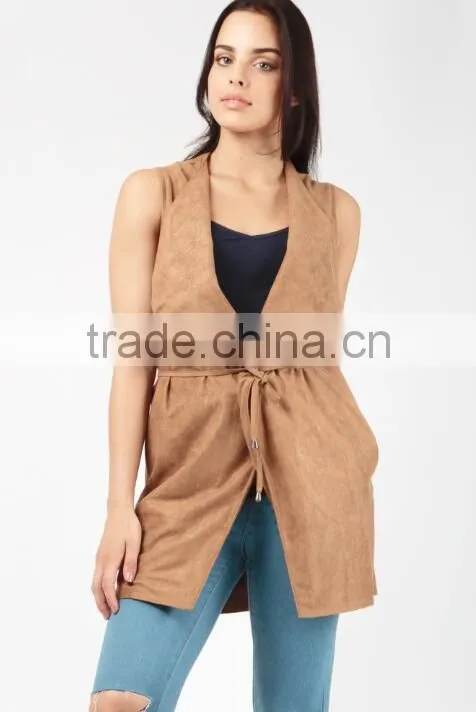 Designer Sleeveless Jackets Trendy Suedette Roll Neck High Waist Sleeveless Jacket Ladies For Outdoor Casual Wear