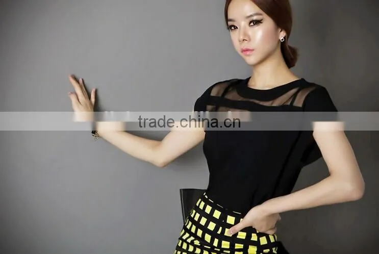 2015 Summer Ladies Black Tulle Tops Chiffon Shirts Blouses Women Sheer Cheap Clothes China Atacado De Roupas Femininas Camisas