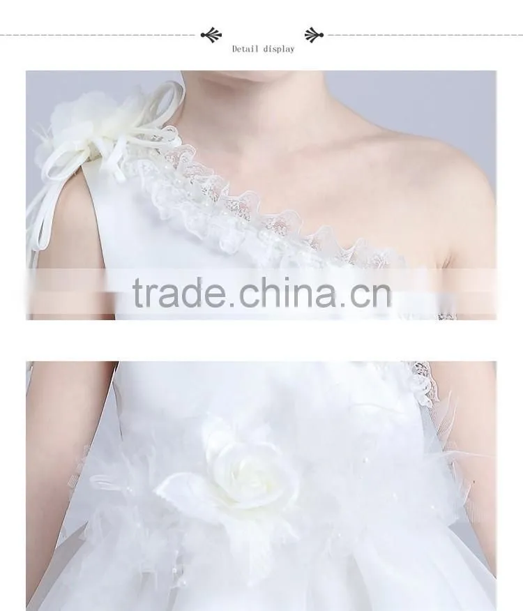 2017 wholesale children one sleeve shoulder dress flowers slashes dresses
