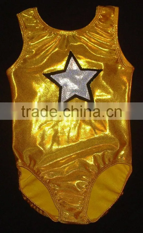 girls leotard gymnastics in sunshine yellow Mystique with silver star outlined in black