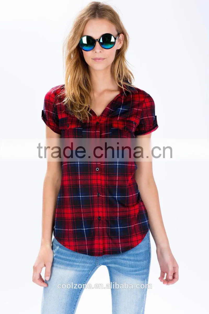 Adorable dolled up short sleeve plaid shirts latest shirt designs for women