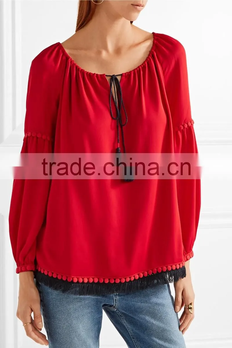 clothes women cheap ruffle raglan shirt red color