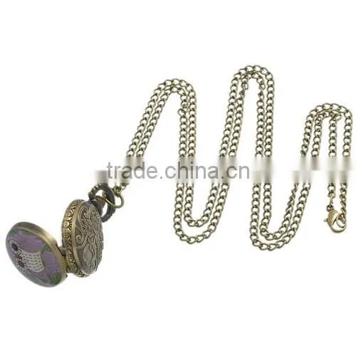 Round Antique Bronze Owl Pattern Halloween Enamel Purple Battery Included Pocket Watches 85cm