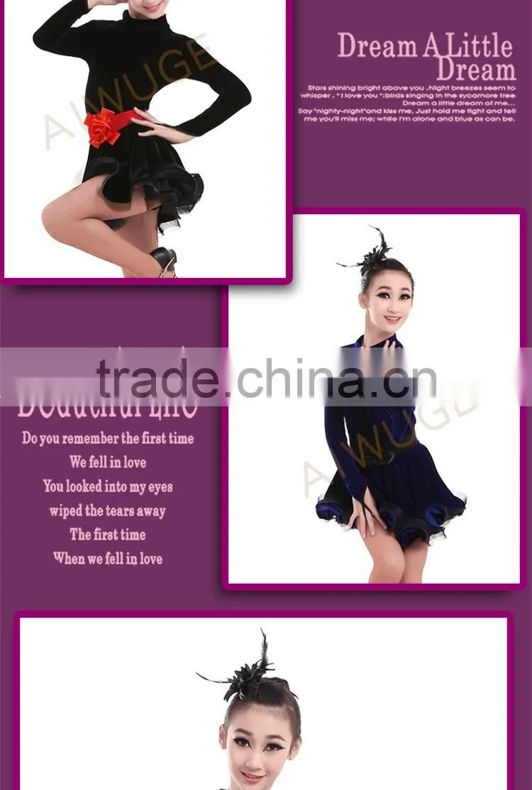 Girls Velvet Turtleneck Long Sleeve Dance Latin Dresses Children Ballroom Dance Competition Dresses