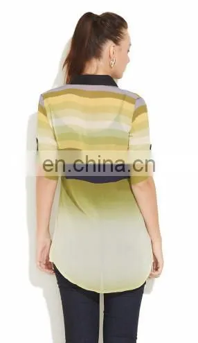 Fashion New Women Clothes Tops loose Perspective Sexy Sheer Chiffon Collar Neck Strip Print Style Shirts For Women