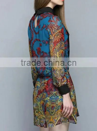 Fashion Designer dress Beautiful Long Sleeve Silk print Dress (stock)